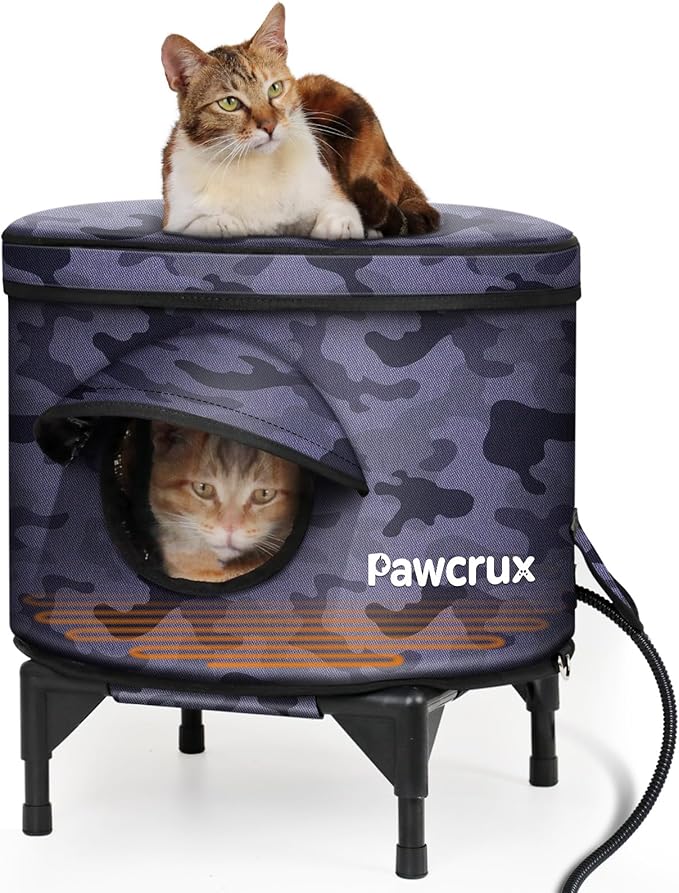 Heated Cat House for Outdoor in Winter, Metal Frame Cat Bed Kitty Shelter with Heating Pad, Insulated & Safe Escape Door & Weatherproof, Warm Home for Outside Stray Cat (Black camo, 16.8"x16.8")