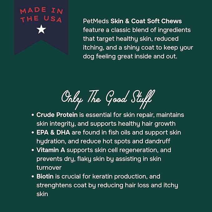 PetMeds Skin & Coat Supplement for Dogs - Fish Oil, Omega 3, Vitamin E, & Biotin for Dry, Itchy Skin & Shedding Relief - Healthy Skin & Shiny Coat - Beef & Sweet Potato Flavor - 60 Soft Chews