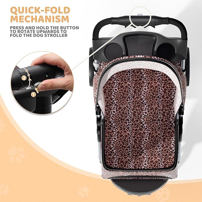 Magshion 3-Wheel Pet Stroller, Foldable Travel Jogger for Small & Medium Dogs & Cats (Up to 33lbs), Lightweight Carrier with Breathable Mesh Cover, Cup Holder & Storage Basket, Leopard Print