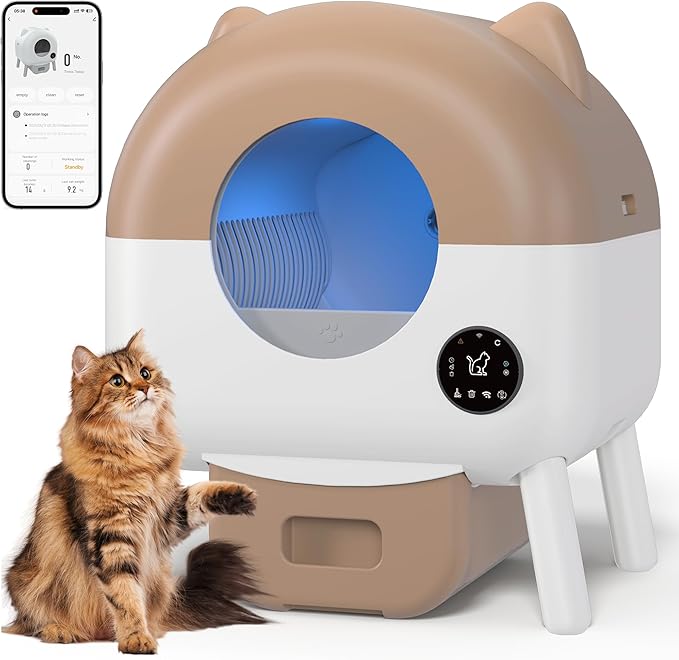 Bashaw Self Cleaning Litter Box, Large Capacity Automatic Litter Box for Multiple Cat, App-Controlled with Odor Removal & Safety Protection (White)