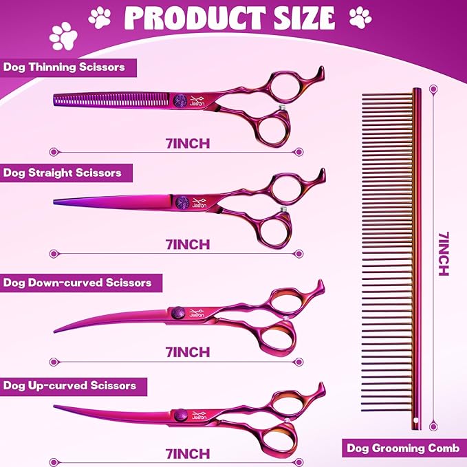 JASON Dog Grooming Scissors Set - Professional 6 in 1 Dog Shears Set - 7" Thinning Scissors, 7" Straight, 7" Up-Curved, 7" Down-curved Scissors and Comb for Dog Cat Pet with Adjustable Screw