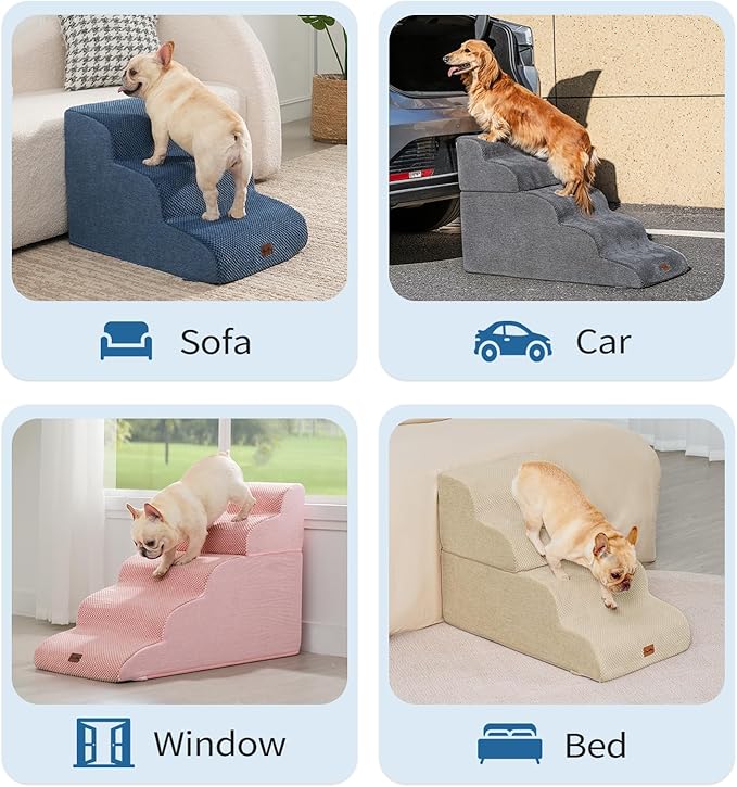 Made4Pets Dog Stairs Ramp for Small Dogs, 3-Step Dog Steps for Bed Couch Sofa and Chair, 35D Foam Pet Steps for Small Dogs and Cats, Non-Slip Bottom Pet Stairs, Navy