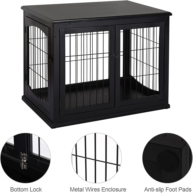 PawHut Dog Crate Furniture, Small Dog Cage End Table with Two Opening Sides, Lockable Door, Puppy Kennel Indoor, Cute and Decorative, Black