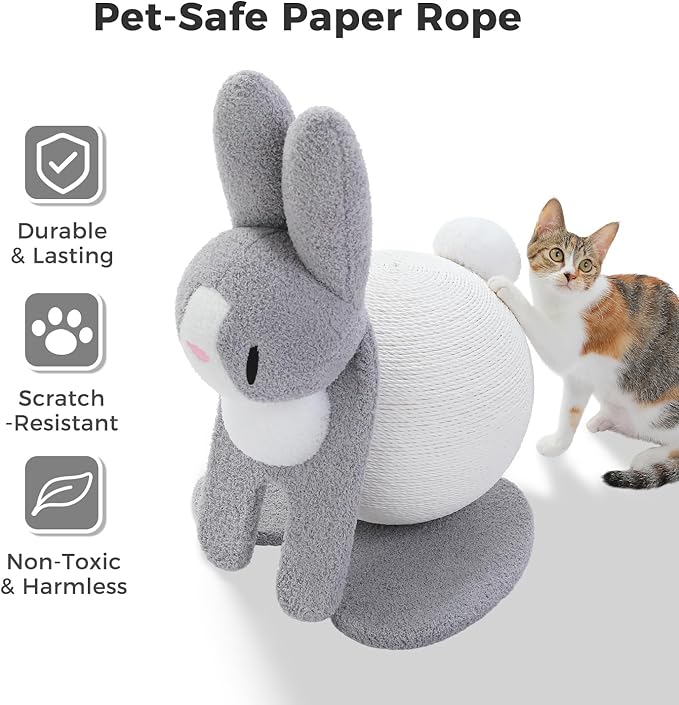 Cute Cat Scratcher- Bunny Style, Cat Scratching Post with Paper Rope, Extra Large Cat Scratch Ball (Ø11.8) for Indoor Kitten, Rabbit Scratch Ball for Kitty to Climb & Play, Gray