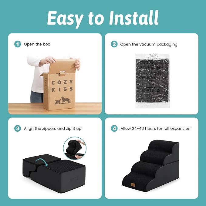 Dog Stairs for Small Dogs 19.7" H, Detached Dog Step for Puppy or Older Cat, Ramp for Bed, Sofa, Couch or Chair, Ladder with High Density Foam, 15.7x28.3x19.7 inch, 4 Step, Black