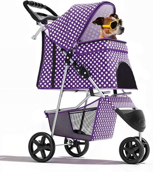 Magshion 3-Wheel Pet Stroller, Foldable Travel Jogger for Small & Medium Dogs & Cats (Up to 33lbs), Lightweight Carrier with Breathable Mesh Cover, Cup Holder & Storage Basket, Purple Polka Dots