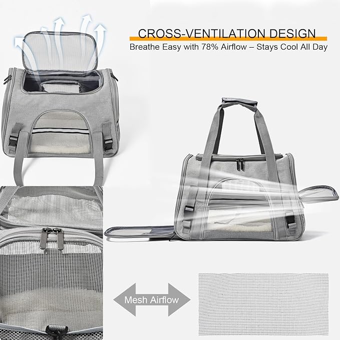 Dog Cat Carrier Soft for Small Pet Up to 16 Lbs TSA Airline Approved Travel Carrier Collapsible Puppy Car Mesh Bag 17.5 * 10.2 * 11.4 inch - Grey