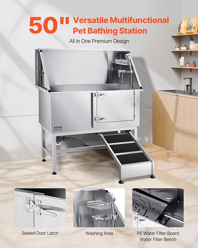 VEVOR Stainless Steel Dog Washing Station, 50 inch Pet Grooming Tub w/Ramp, PE Water Filter Board, Faucet & Showerhead & Soap Holder Dog Bathtub for Large & Medium & Small Pets (Right Door)