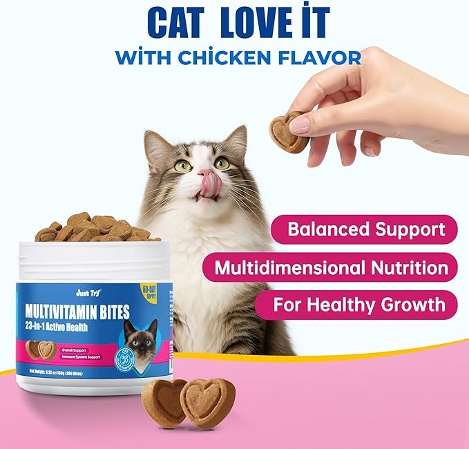 Just Try 23 in 1 Cat Vitamins Bites - Cat Treats for Immune, Skin & Coat & Heart Health - Multivitamin, Taurine, Omega 3, Biotin, Lysine for Cats - Daily Supplements for Indoor Cats (300 Bites)