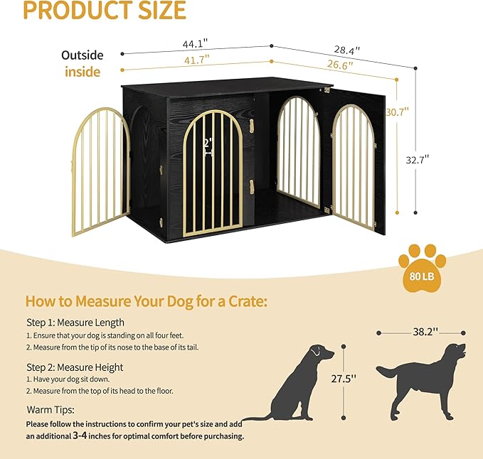 44.1" Wooden Dog Crate Furniture, Indoor Dog Kennel Dogs Cage for Small/Medium/Large Dogs, Heavy Duty Dog Crates Decorative Pet House End Side Table TV Stand, Black Gold DFC83904A