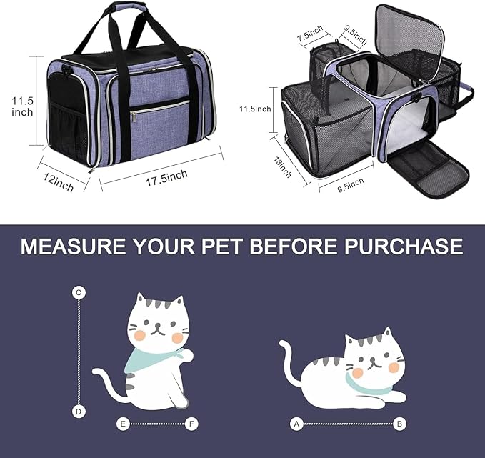 BAGLHER Expandable Cat Carrier with Travel Litter Box, Pet Travel 5 Sides Open Doors 3 Sides, Leak-Proof and Collapsible, for Car, Airplane Trip, Purple
