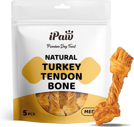iPaw Turkey Tendon for Dogs, Ingredient Sourced from USA, Hypoallergenic, All Natural Human Grade Puppy Chew, Dog Treats for Signature Series, Rawhide Alternative, 5 Units/Bag Bone (Medium)