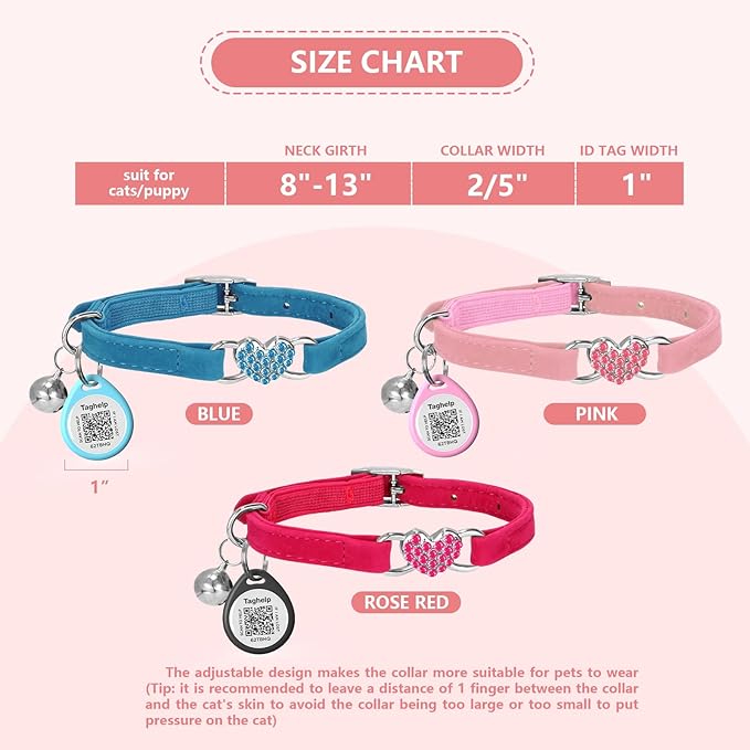 2-Pack Heart Bling Cat Collar with Safety Belt and Bell Adjustable 8-13 inches for Kitten,Personalized Cat Collar with QR Code Smart ID tag, Pet Name and Phone Number on line,NO app(Black & Pink)