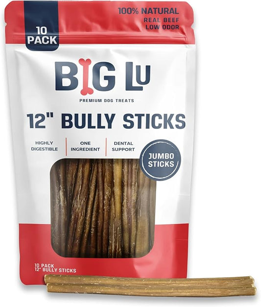 Big Lu - Bully Sticks (12” Jumbo, 10 Count) Weight-Packaged, 100% Beef Chews, Grass-Fed, Fully Digestible Treats for Keeping Puppies, Small, and Medium Dogs Busy