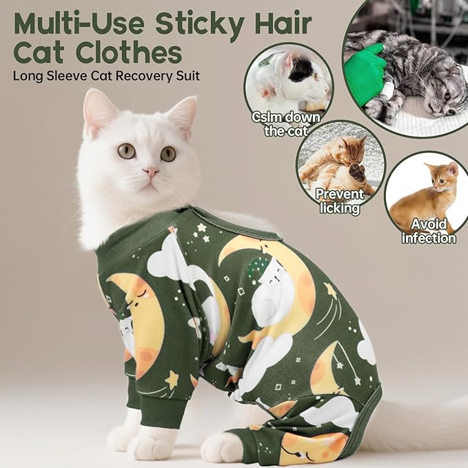 QBLEEV Cat Onesie for Cats After Surgery, Sticky Hair Cat Pajamas for Cats Only, Recovery Suit Shirt for Male Female, Full Body Long Sleeve Surgical Bodysuit, Stop Licking & Shedding
