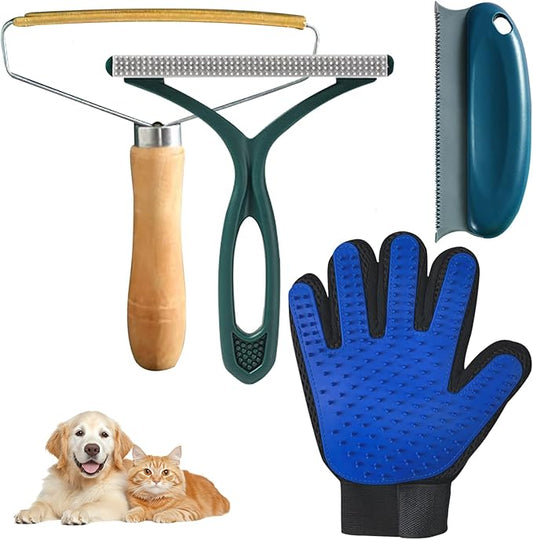 Pet Hair Remover Tool 4-Pack, Dog Cat Hair Remover with 1PCS Pet Grooming Glove, Lint Shaver Cleaner Pro, Portable Carpet Scraper for Carpets, Clothes, Car Mats, Couch, Pet Bed, Furniture