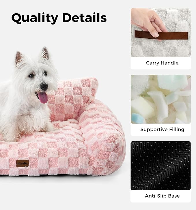 MADE 4 PETS Cat Beds for Indoor Cats, Cat Couch Bed, Soft Faux Fur Checkered Pet Sofa, Calming Fluffy Kitten Sofa with Supportive Foam, Removable Washable Cover with Non-Slip Base, Pink, Small