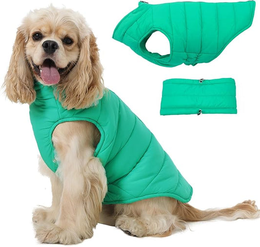 Dog Coat for Large Dogs, Dogs Snow Jacket with Back Zipper, Winter Warm Dog Puffer Vest with Detachable Neck Wrap, Winter Pet Clothes Elastic Band on Chest for Springer, Dalmatian, Green L