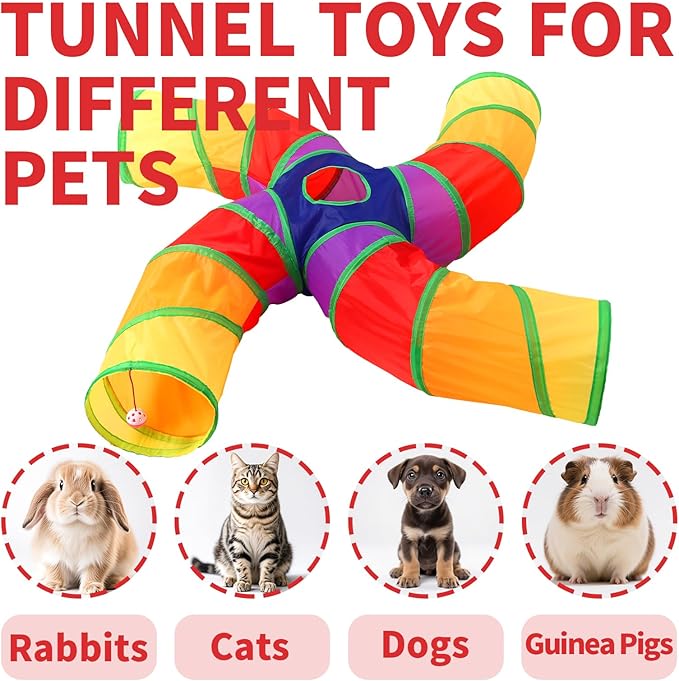 Pet Cat Tunnel, 4 Way Tunnels for Indoor Cats, Collapsible Pet Tunnel for Kitten, Puppy, Rabbit, 25cm-Wide Tunnels, Durable & Breathable, with Peek Hole Toy Ball