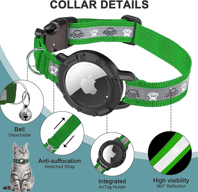 Reflective AirTag Cat Collar, Integrated Cat Tracker Collar with Air Tag Holder and Bell, Safety Elastic Band Cat GPS Collars for Girl Boy Cats, Kittens and Puppies (Emerald,XS)