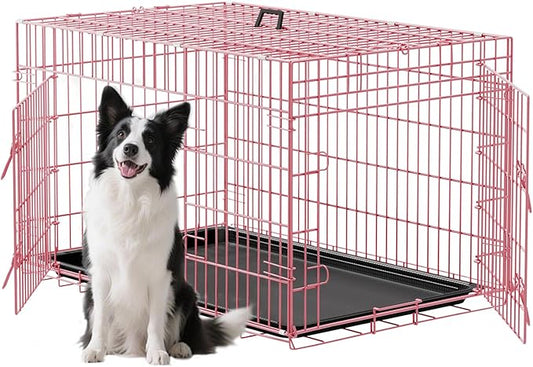 FDW XL Dog Crate 48inch Dog Cage Foldable Metal Kennel with Leakproof Tray Foldable Design Indoor Outdoor Use for Extra Large Dogs,Pink