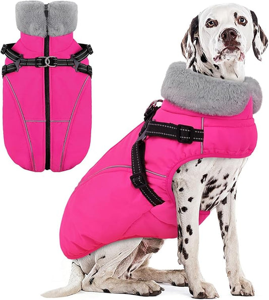AOFITEE Large Dog Coat, Waterproof Dog Jacket Winter with Harness Built in, Warm Fleece Pet Puffer Jacket with Zipper, Cold Weather Coats for Dogs, Reflective Pet Snowsuit, Great Dane, Pink XXXL