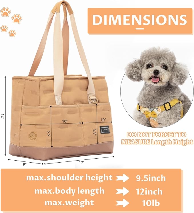 Petsfit Small Dog Carrier Purse, Portable Pet Carrier Tote Cat Carrier with Pockets, Adjustable Safety Leash, Poop Dispenser, Waterproof TPU Bottom,Khaki