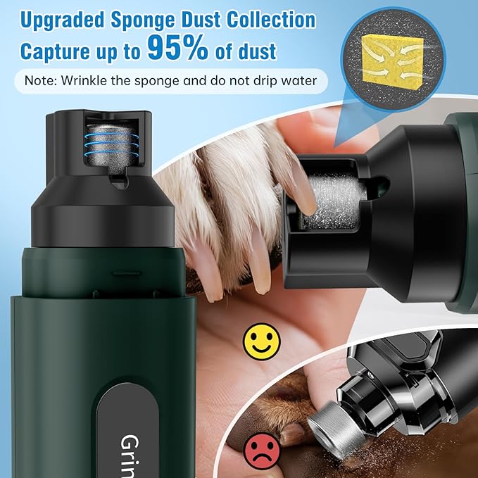 Dog Nail Grinder, 7-Speed Quiet Electric Dog Nail Trimmers, Dog Nail Clippers with Sponge Dust Collection & File for Small Medium Large Dogs, Rechargeable Pet Paw Grooming Supplies Kit(Green)