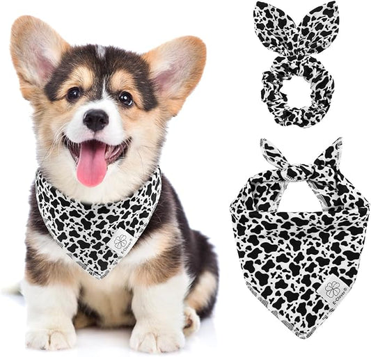 E-Clover Cow Print Dog Bandanas & Matching Scrunchie Set Fall Cowboys Theme Dog Scarf Bibs Pet Bandana with Bow Tie for Small Dogs Puppy Owner Mom Black White