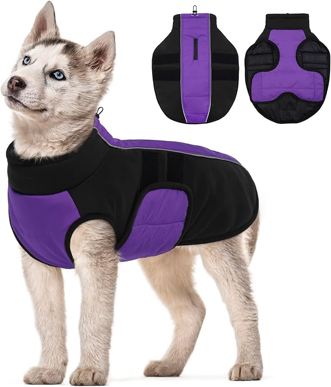 Kuoser Dog Jackets for Small Dogs, Warm Dog Coat with Harness Built in, Puppy Winter Jacket Pet Clothes for Cold Weather, Reflective Waterproof Doggie Winter Vest for Pug Dachshund, Purple S