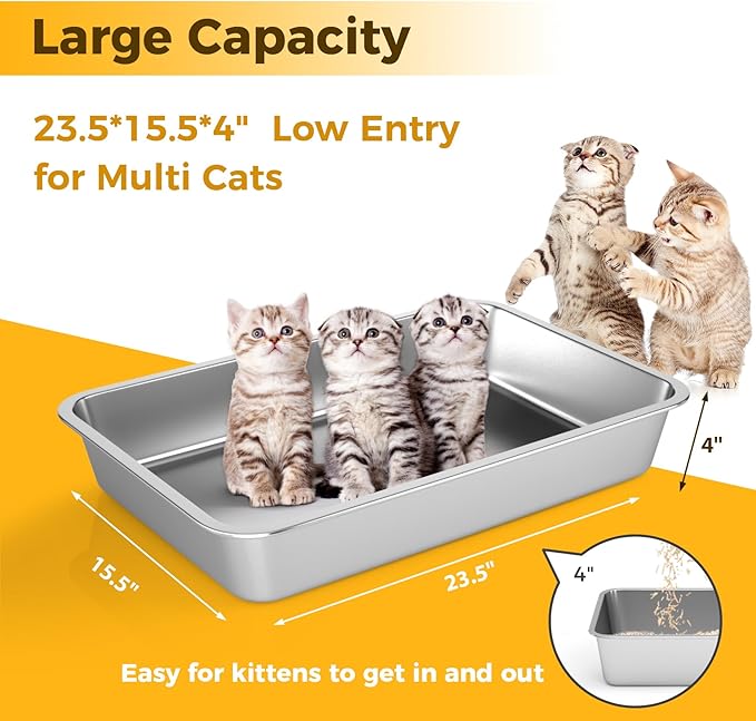 LIHONG Stainless Steel Cat Litter Box,Large Metal Litter Box for Small Cats Hamster Rabbits,No Smell,Non Stick,Easy to Clean(24" Lx16 Wx4 H,L)