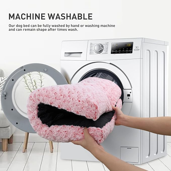 KSIIA Washable Dog Bed Deluxe Plush Dog Crate Beds Comfy Kennel Pad Anti-Slip Pet Sleeping Mat for Large, Jumbo, Medium, Small Dogs Breeds, 23" x 18", Pink