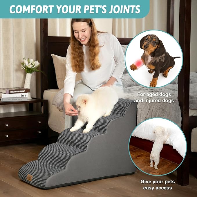 Dog Stairs for High Bed 22.6" H, Small Dog Step for Puppy, Older or Cat, Curved Ramp for Car, Ladder with High Density Foam, Lightweight, Durable, 15.7x33x22.6 inch, 5 Step, Charcoal Grey