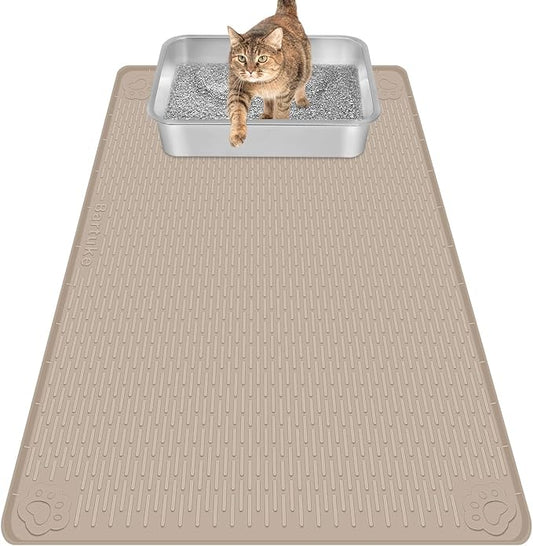 Cat Litter Mat, Extra Large 34" x 22" Silicone Mat Litter Trapping Mat for Scatter Control, Soft on Kitty Paws, Easy to Clean (Beige)