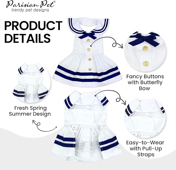Parisian Pet Dog Dress - Lightweight Sailor Outfit - Breathable Summer Clothes - Pure Cotton White and Blue Dress - XS for Small Dogs Girl