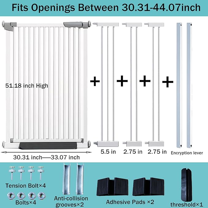 51 Inch Extra Tall Baby Gate Auto Close Cat Gate Adjustable 29.92"-43" Wide Pressure Mounted Pet Gate for Doorways,Stairs, House (White, 51.18 inch)