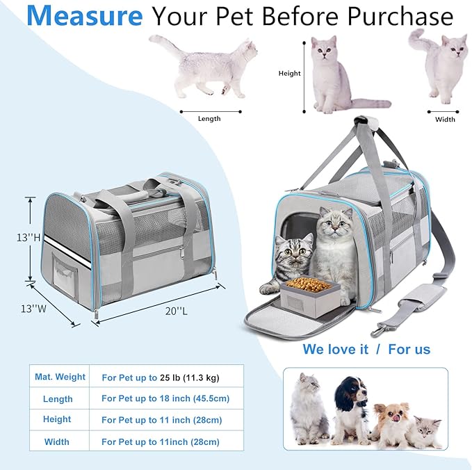 Large Cat Carrier Dog Carrier, Pet Carrier for 2 Cats Large Cats, Dog Carrier for Medium Small Dogs, Collapsible Soft Sided Pet Carrier for Cats Dogs Puppy of 25 Lbs, Light Grey
