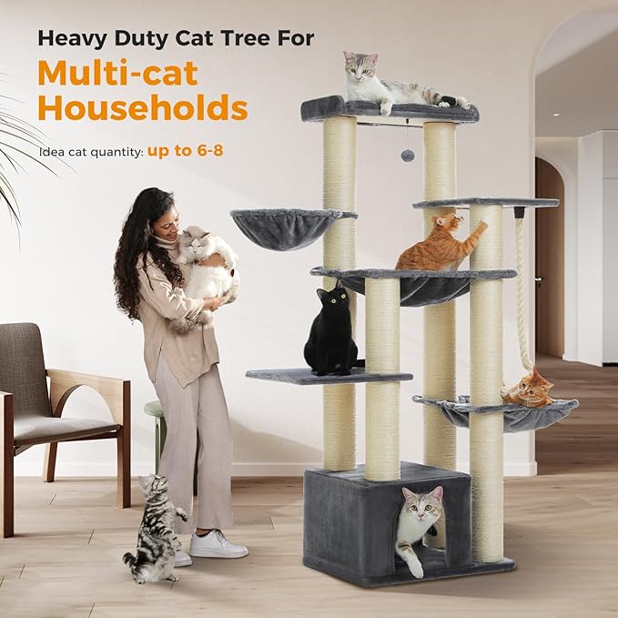 Heavy Duty Cat Tree for Maine Coon – 67" Tall Cat Tower with 13 Thick (φ4.3) Scratching Posts, XXL Cat Condo with Super Large Perch & Cozy Hammocks, Engineered for Big Cats (20+ lbs) - Gray
