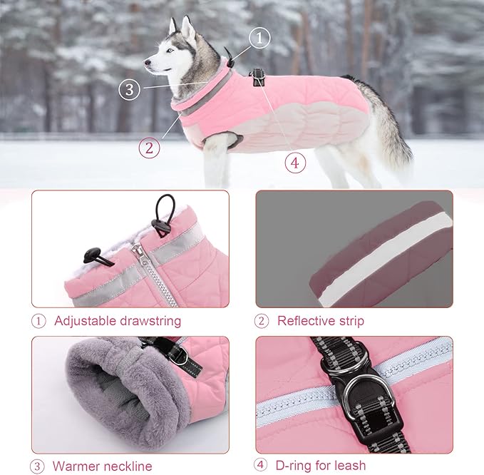 Lelepet Dog Coat Warm Dog Winter Coat Waterproof Dogs Jacket with Harness Built in Reflective Pet Fleece Vest Zip-Up Cold Weather Coats for Small Dogs Turtleneck & Windproof Coats Yorkie Pink S