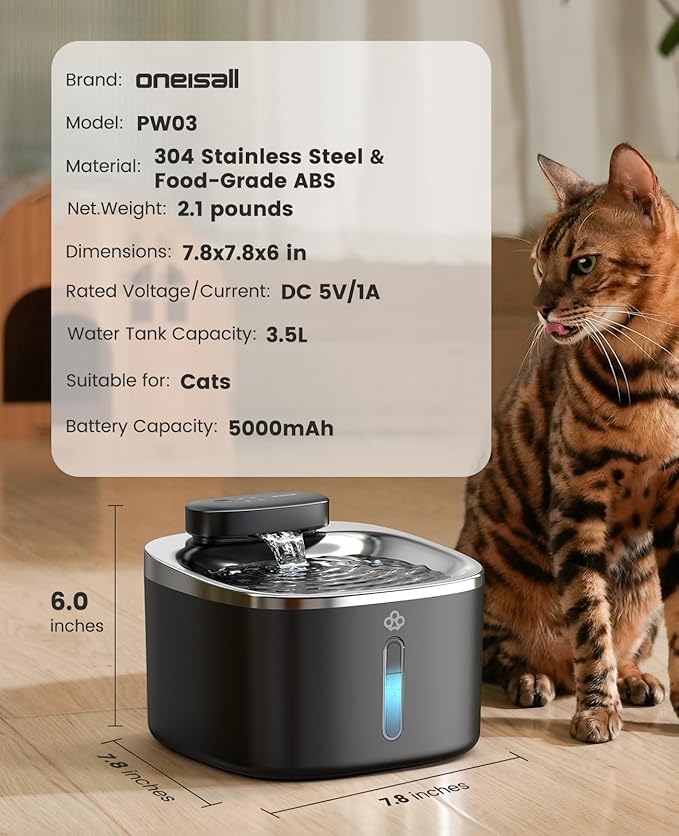 oneisall Cat Water Fountain, 3.5L/118oz Battery Operated Pet Fountain Stainless Steel, Automatic Water Fountains for Cats Indoor, Rechargeable (Hale 3.5L Black Color)