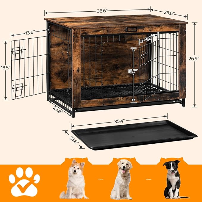 HOOBRO Dog Crate Furniture, 38.6" Large Dog Kennel Indoor, Wooden Cage with Pull-Out Tray, Double Doors Pet House Side End Table for Large/Medium/Small Dogs, Rustic Brown BF982GW03G1
