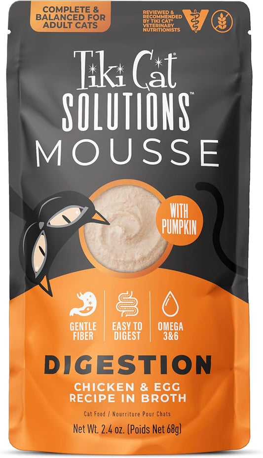 Tiki Cat Solutions Digestion Mousse, Chicken & Egg Recipe in Broth, Formulated to Support Healthy Digestion, Functional Wet Cat Food, 2.4 oz. Pouch (12 Count)