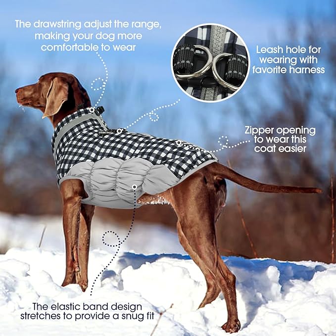 FUAMEY Dog Coat for Small Dogs,Waterproof Dog Winter Jacket with Harness Built in Puppy Cold Weather Coats Reflective Pet Vest with Zipper Warm Fleece Dogs Snowsuit Windproof Checkerboard XS
