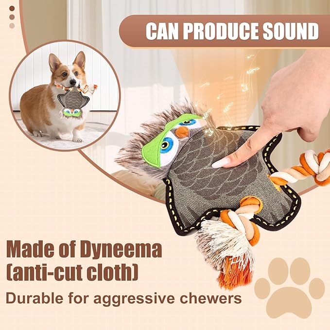 Tough Durable Squeaky Dog Toys for Aggressive chewers Interactive to Keep Them Busy, Funny Cute Plush Dogs Toy for Small Medium Large Breed Chewer Best Cute Birthday Gift (New Owl)
