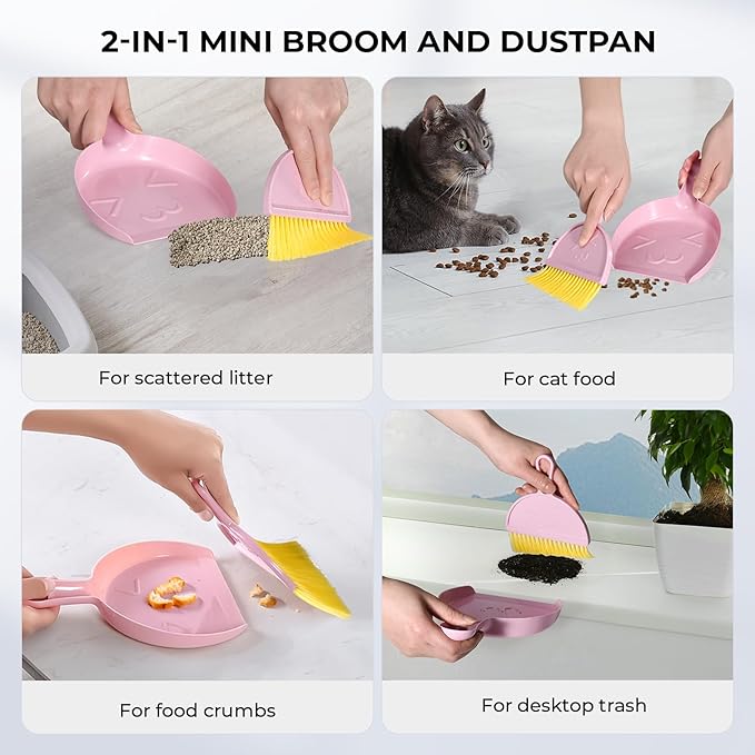 Litter Scoop Holder with Clean Kit,2-in-1 Mini Broom & Dustpan for Scattered Litter Food & Counter Trash,Cleaning Brush for Litter Box, Corners & Crevices with Built-in Tweezers to Remove Hair & Clogs