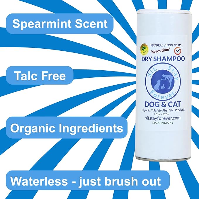 Sit. Stay. Forever. Dry Shampoo for Dogs & Cats – Organic Dry Bath Powder, Talco para Perros, Hypoallergenic, Odor Control for Smelly Dogs, No-Rinse, Anti-Itch, Safe & Natural, Made in The USA, 28 oz