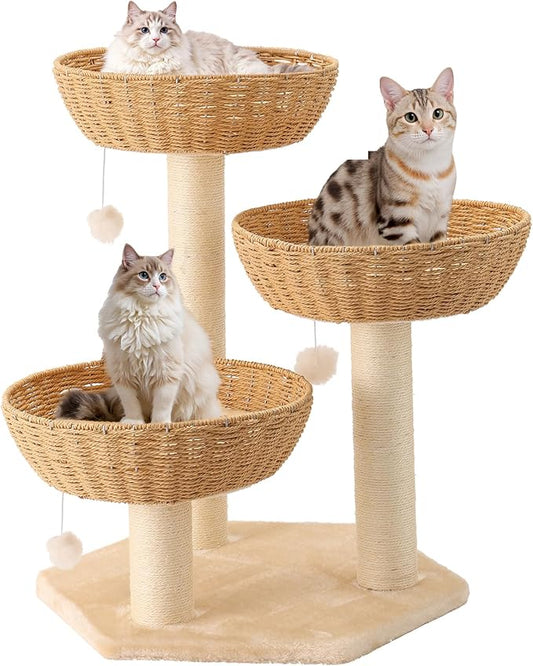 Rattan Cat Tree House with Scratching Post,Wicker Basket,Bed,and Stand Modern Cat Climbing Tower Condo for Indoor Large Adult Cat