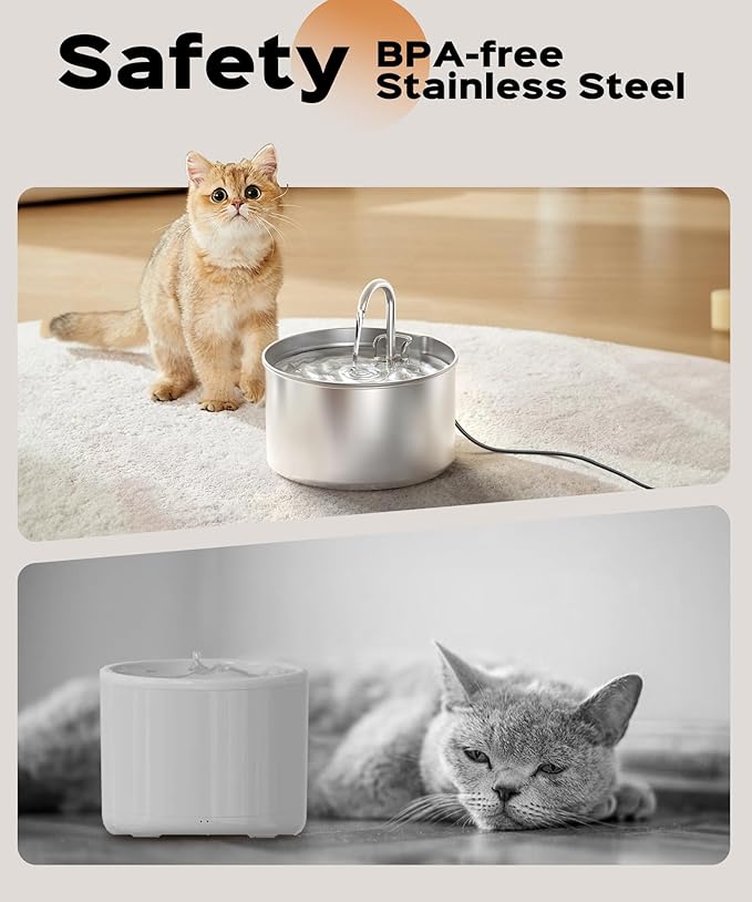 Cat Water Fountain Stainless Steel + 8 filters + 8 Sponges - Pet Water Fountains Faucet Metal Automatic Cat/Dog Waterer Bowls Pets Watering Running Bottle Water Dispenser for Drinking Ultra Quiet Pump