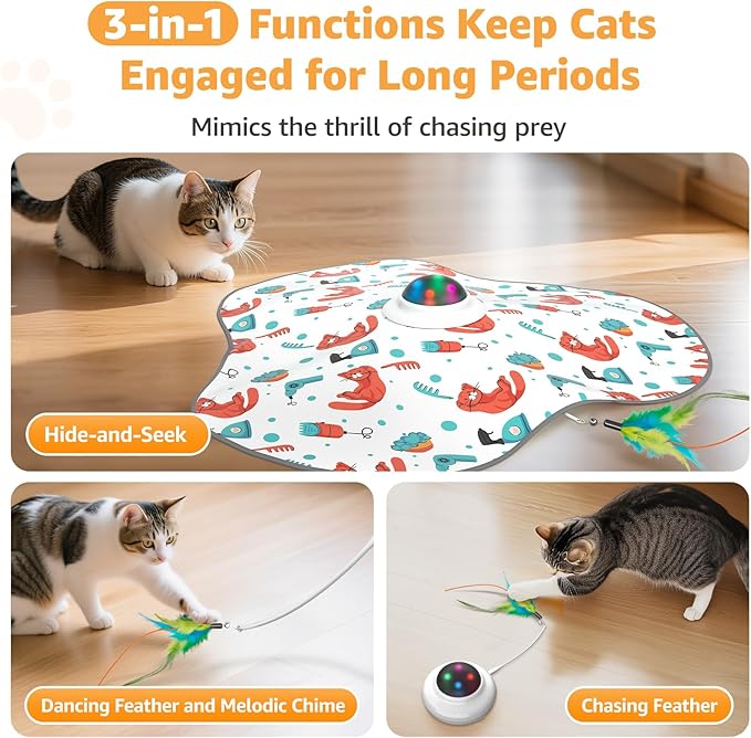 Interactive Cat Toys Rechargeable: Moving Concealed Feathers with Chime - Hide and Seek Toys,Touch Cat Kitten Toy Exercise Toys for Indoor Bored Adult Cats,White