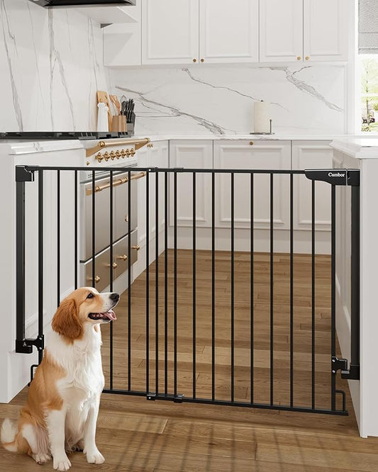 Cumbor 34" Extra Tall No Bottom Bar Baby Gate for Stairs, Wall Mounted Dog Gate Indoor for Larger Pets, Expandable 31.6-48" Safety Gate for Doorways, Wide Walk Thru Door for Easy Access (Black)